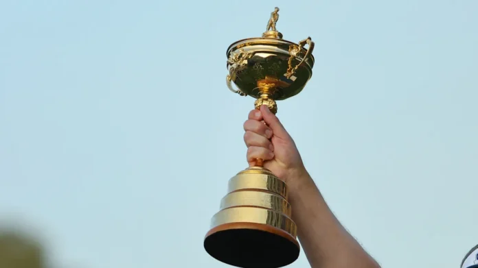 Rome Italy 01102023 Luke Donald with cup after Award ceremony Europe team win trophy after singles matches RYDER CUP 2023 at Marco Simone Golf Country Club di Guidonia Montecelio Roma