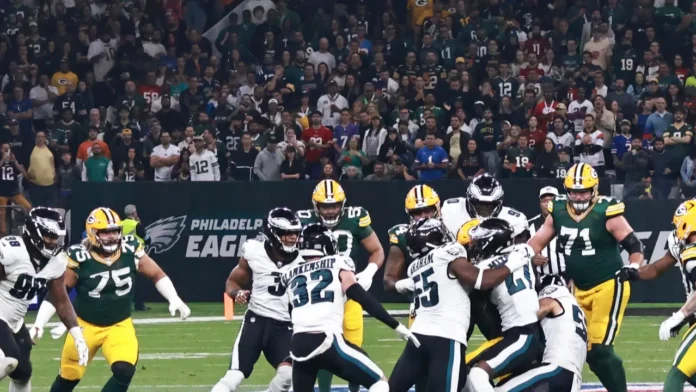 Philadelphia Eagles players during an NFL game. Philadelphia Eagles players during an NFL game.