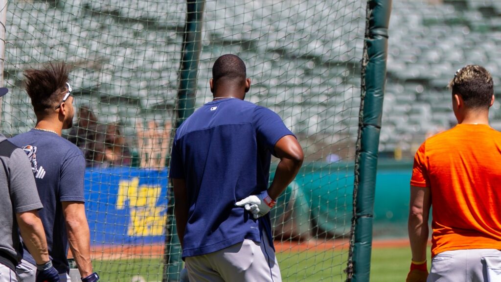 Houston Astros Yuli Gurriel, Yordan Alvarez and Aledmys Diaz watch batting practice before a game against the Oakland Athletics