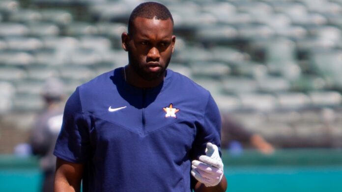 Yordan Alvarez on the field during batting practice