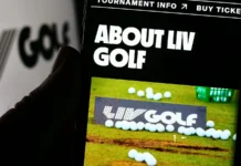 Person holding smartphone with website of sports organization LIV Golf on screen in front of logo.