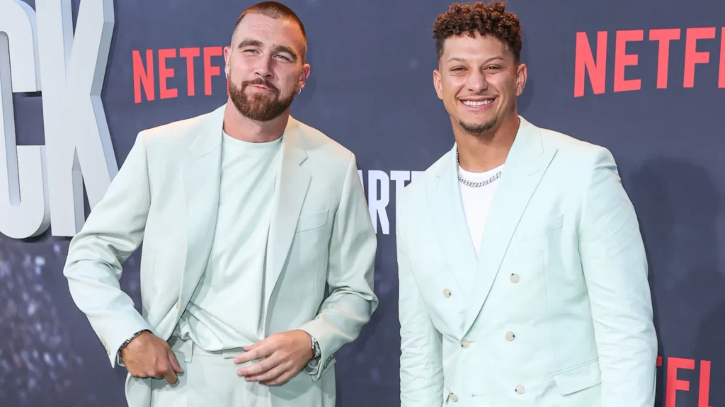 Travis Kelce and Patrick Mahomes arrive at the Los Angeles Premiere Of Netflix's Quarterback Season 1
