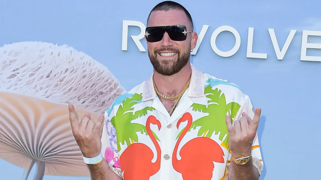 Travis Kelce arrives at the REVOLVE Festival 2023