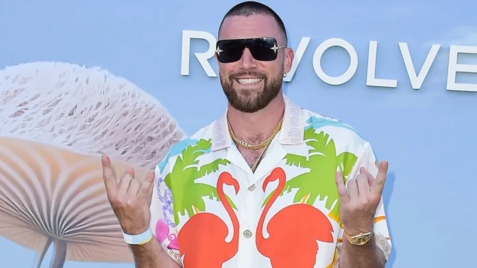 Travis Kelce arrives at the REVOLVE Festival 2023 celebrating the 20th Anniversary of REVOLVE in partnership with The hwood Group on April 15 2023 in Thermal Coachella Valley Riverside County California United States Travis Kelce arrives at the REVOLVE Festival 2023