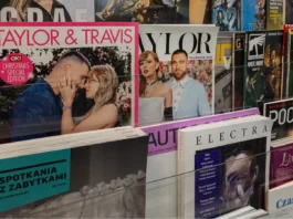 Travis Kelce and Taylor Swift on the front cover of a magazine