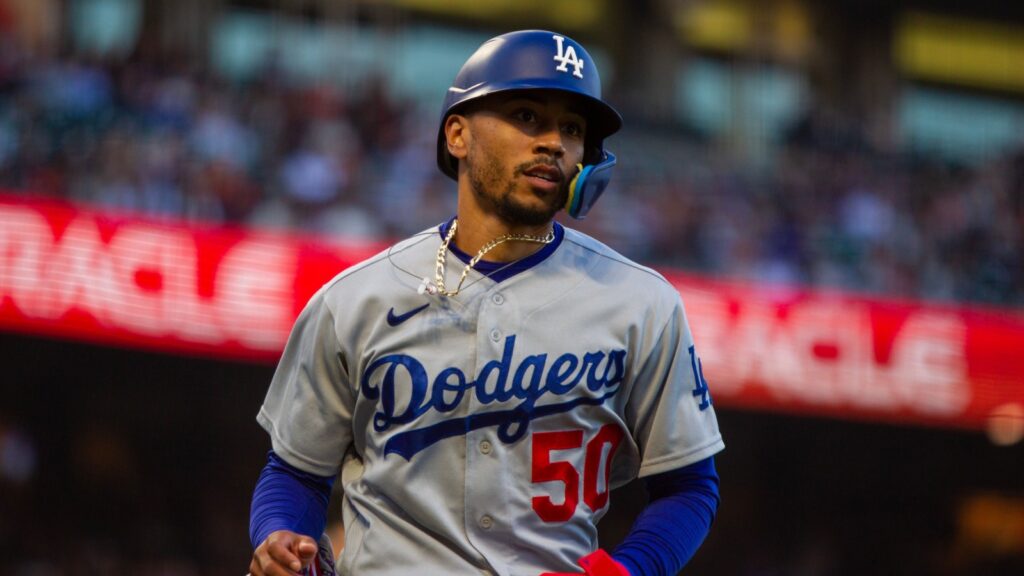 Los Angeles Dodgers outfielder Mookie Betts scores a run against the San Francisco Giants at Oracle Park.