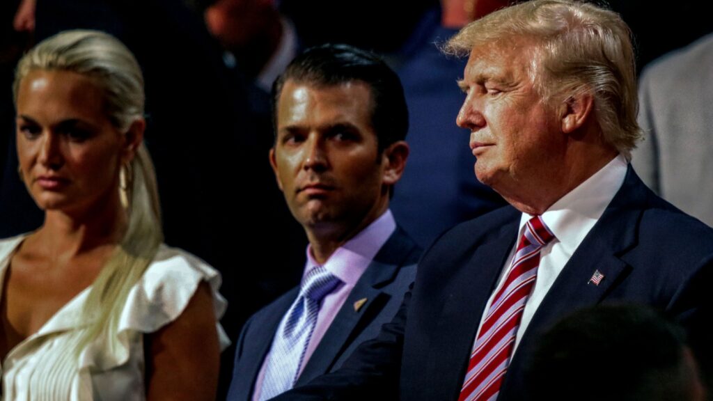 Vanessa Trump, Donald Trump Jr., and Presidential candidate Donald Trump stand together during the Republican National Convention in the Quicken Arena.