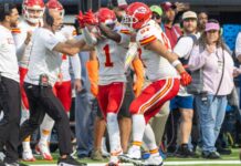 Travis Kelce after making a catch against the LA Chargers during an NFL football game at SoFi Stadium.