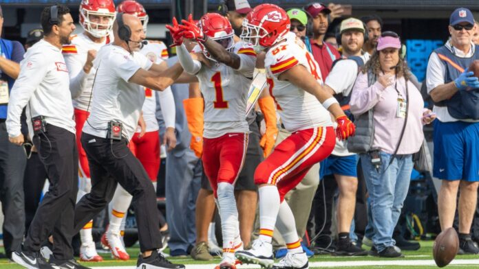 Travis Kelce after making a catch against the LA Chargers during an NFL football game at SoFi Stadium.