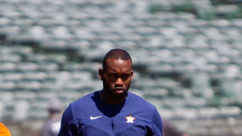 Close-up of Yordan Alvarez on the field.