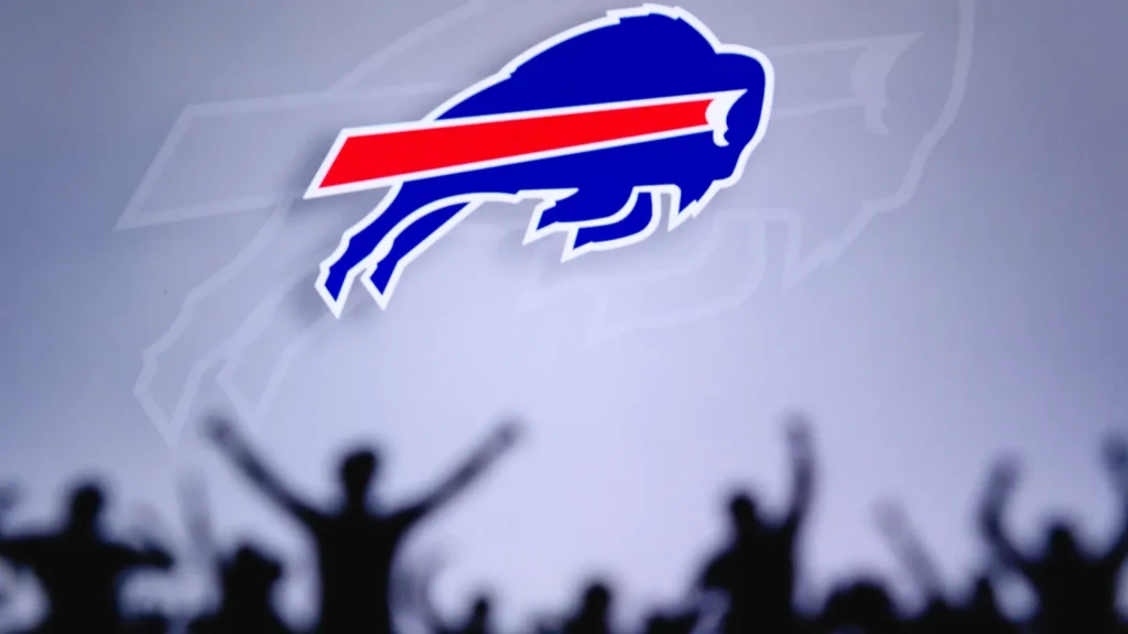 Buffalo Bills logo and silhouettes of fans in the background supporting their professional American football team.