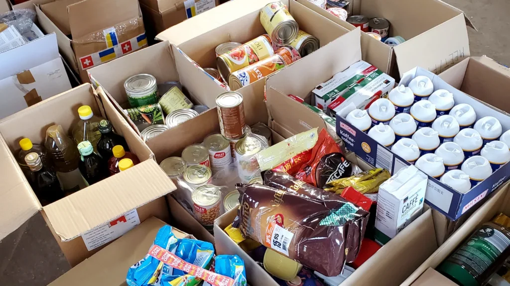 food humanitarian aid for ukraine sorted in parcels before send