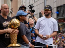 Jalen Brunson of New York Knicks attends the parade in celebration of Knicks' NBA Championship victory.