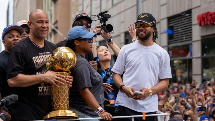 Jalen Brunson, new york knicks honored with tickertape parade through manhattanjune 18 Jalen Brunson of New York Knicks attends the parade in celebration of Knicks' NBA Championship victory.