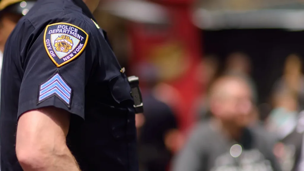 nypd officers stands guard in times square manhattan new york