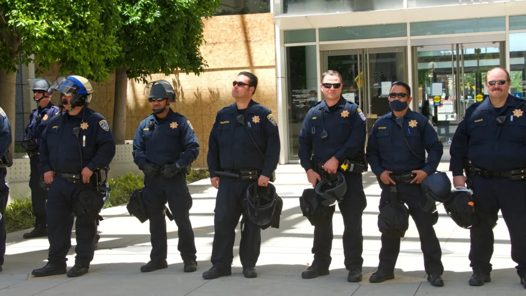 oakland ca  june 1 2020 police officers standby outside