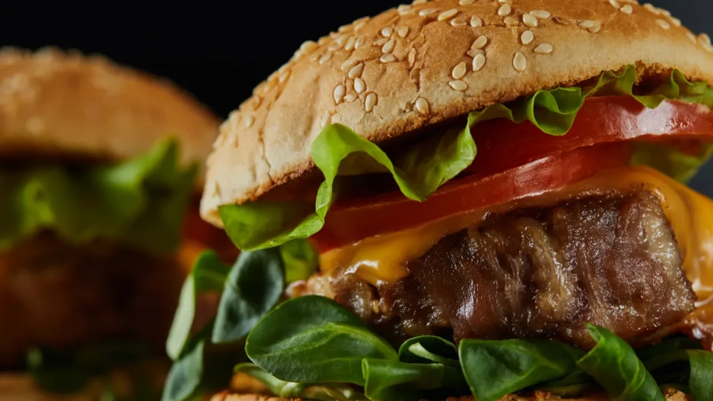 Selective focus of a meat burgers with cheese and vegetables