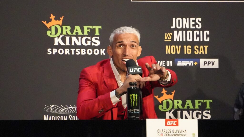 Charles Oliveira answers questions from the crowd during the UFC 309 press conference