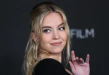 sydney sweeney wearing a saint laurent dress arrives at the