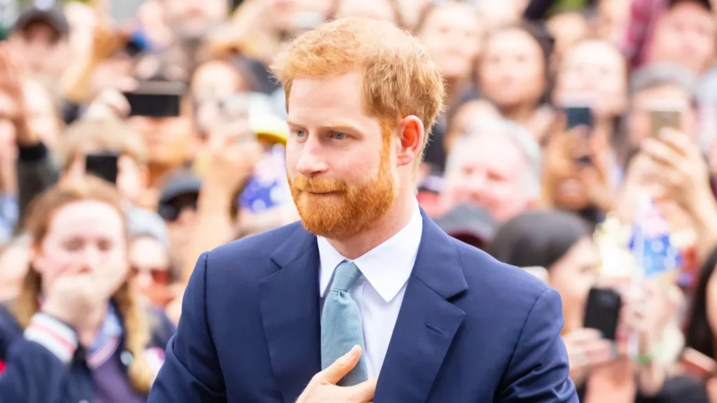 Prince Harry standing in front of a crowd at a public event.