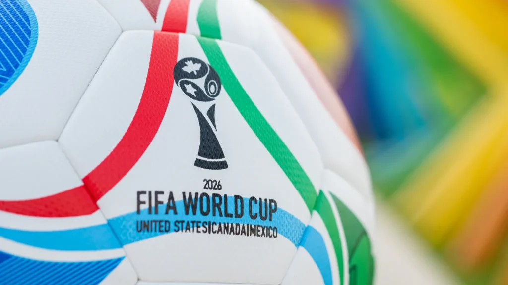 Closeup view of a soccer ball branded for the FIFA World Cup 2026.