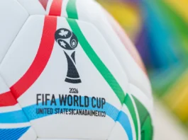 Closeup view of a soccer ball branded for the FIFA World Cup 2026