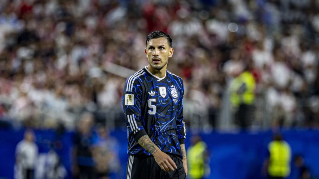 Leandro Paredes is pictured here wearing the blue and black Adidas Argentina national team jersey during the 2026 FIFA World Cup