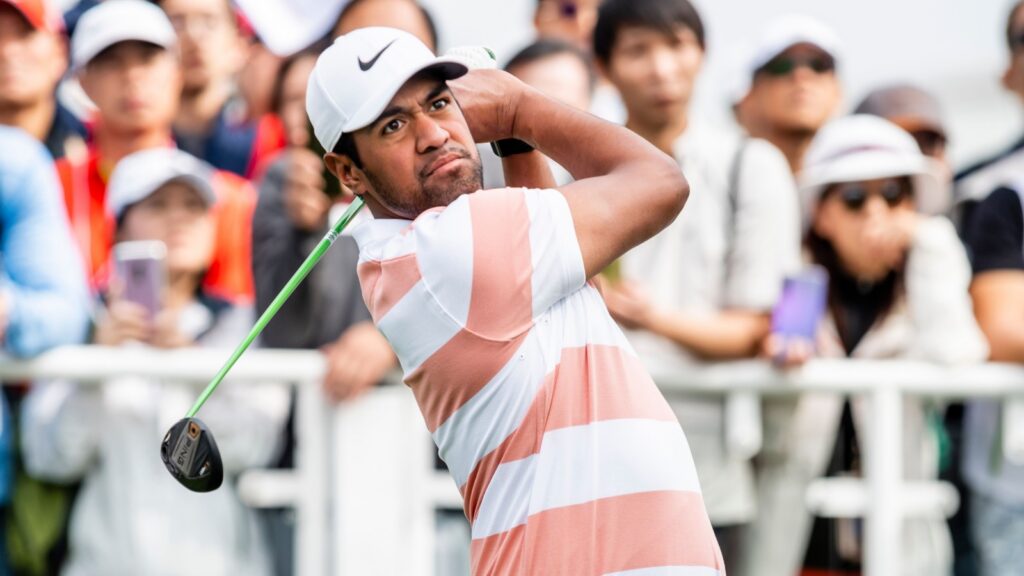 Tony Finau of the United States tees off during the first round of the Hong Kong Open.