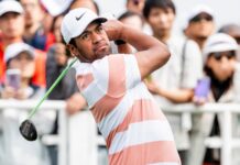 Tony Finau of United States tees off during the first round of the Hong Kong Open.