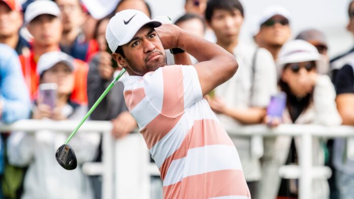 Tony Finau of United States tees off during the first round of the Hong Kong Open.