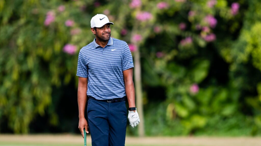 Tony Finau of United States reacts during the final round of the Hong Kong Open.