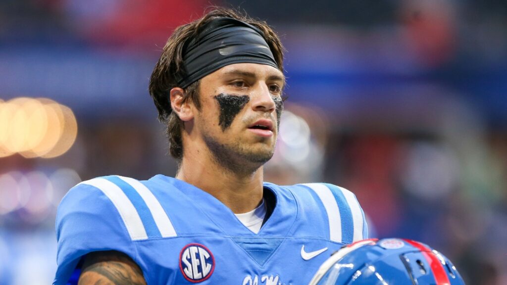 Ole Miss Rebels quarterback Matt Corral (2) on the field during the Chick-fil-A Kickoff game against the Louisville Cardinals.
