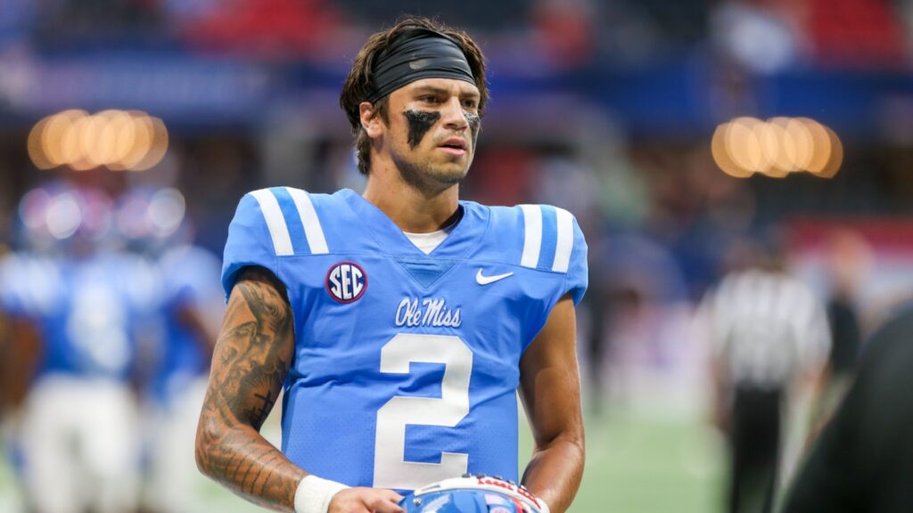 Ole Miss Rebels quarterback Matt Corral (2) on the field during the Chick-fil-A Kickoff game against the Louisville Cardinals.