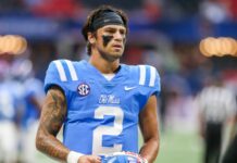 Ole Miss Rebels quarterback Matt Corral (2) on the field during the Chick-fil-A Kickoff game against the Louisville Cardinals.