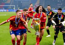 Argentina’s final act after World Cup loss sparks backlash Dani Olmo, Fermin Lopez, Marc Cucurella holding the trophy, David Raya celebrating victory, Unai Simon, David Raya during the UEFA EURO 2024 Final match Spain v England