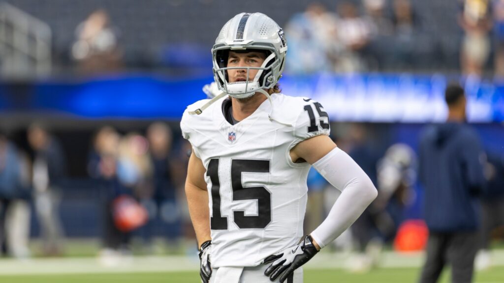 Las Vegas Raiders quarterback Kenny Pickett warms up before an NFL football game against the Los Angeles Chargers at SoFi Stadium.