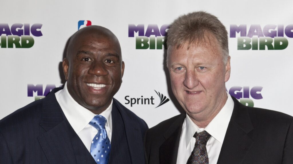 Larry Bird and Magic Johnson attend the 'Magic/Bird' Broadway opening night at the Longacre Theatre.
