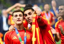 “Make Spain Great Again” cap puts Torres in the spotlight Gavi and Ferran Torres celebrating Spain's UEFA Euro 2024 victory