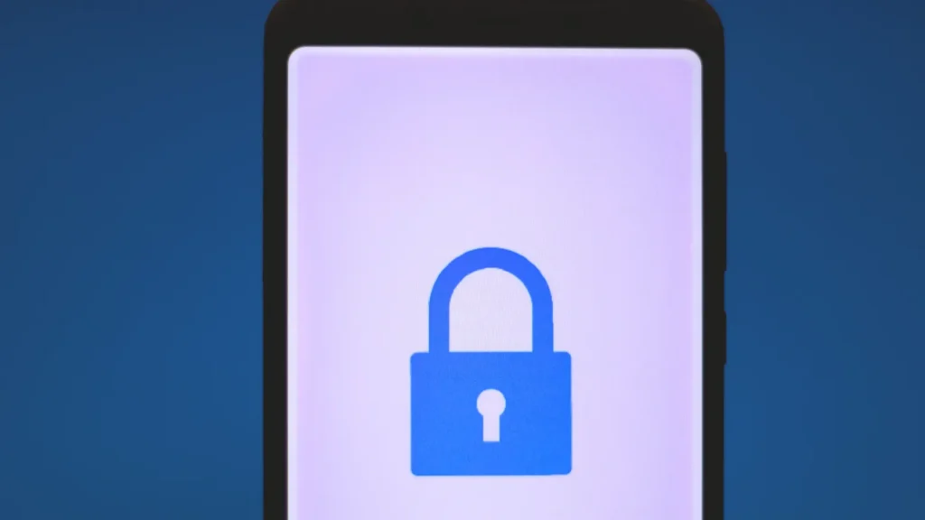 Blue padlock icon on a mobile screen with a blue background