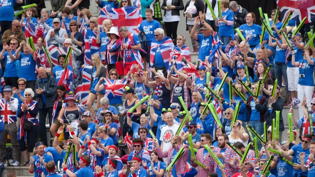 British fans cheering and supporting their team