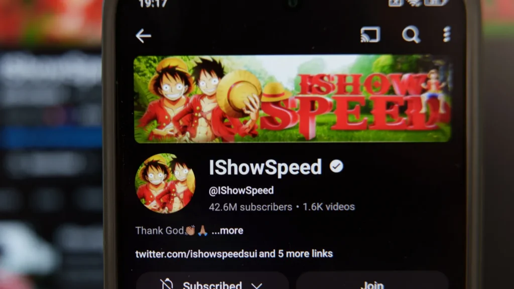 Closeup of IShowSpeed YouTube channel