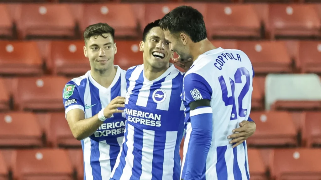 Diego Gomez of Brighton Hove Albion celebrates his goal