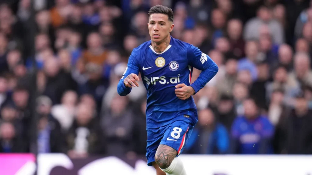 Enzo Fernandez of Chelsea with the ball during the Premier League.