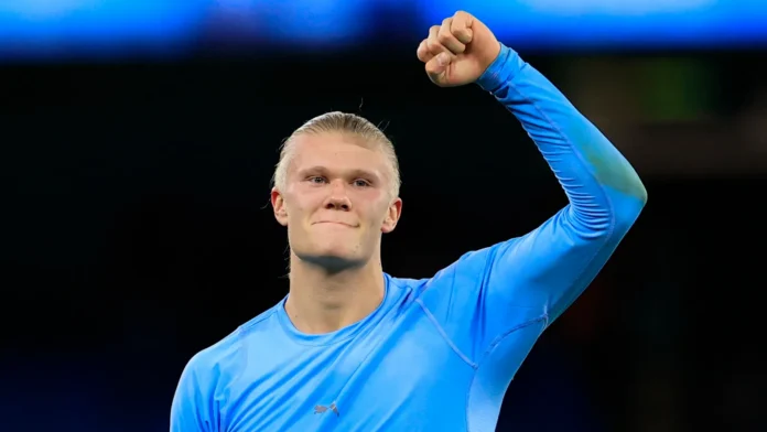 erling haaland 9 of manchester city celebrates the 21 victory Erling Haaland 9 of Manchester City celebrates a victory