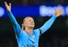 Erling Haaland 9 of Manchester City celebrates a winning