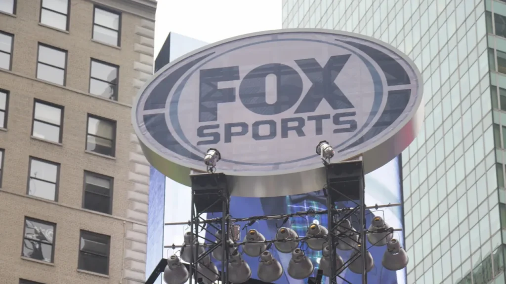 Fox Sports broadcast set under construction in Times Square, New York City.