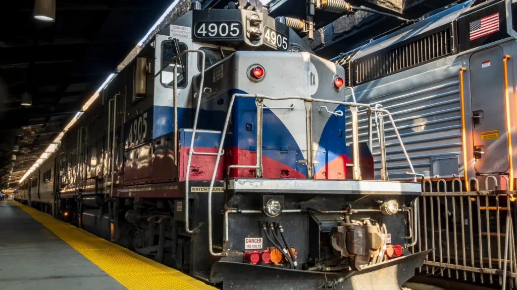 A locomotive painted in a distinctive red, white, and blue livery