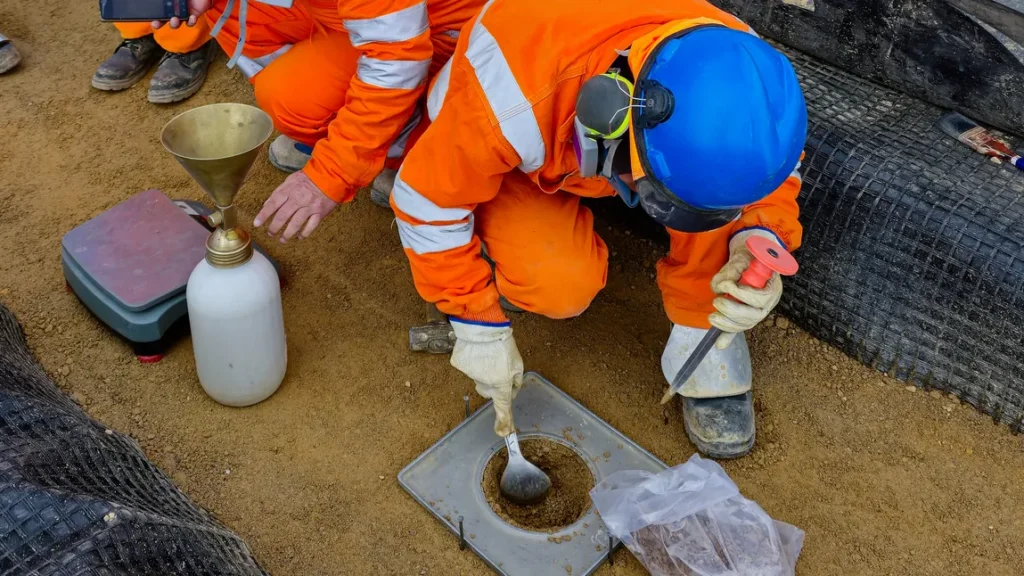 Workers performing a sand cone density test to measure soil compaction
