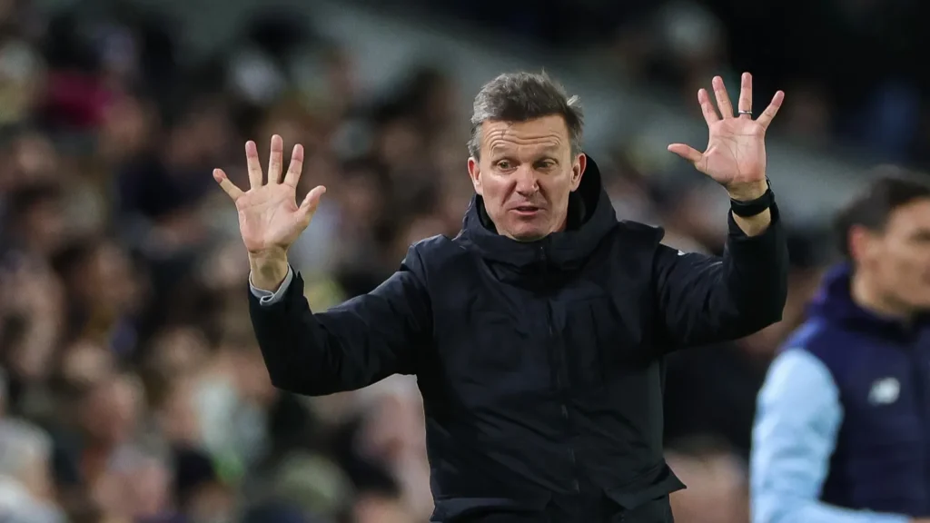 jesse marsch manager of leeds united reacts during the emirates