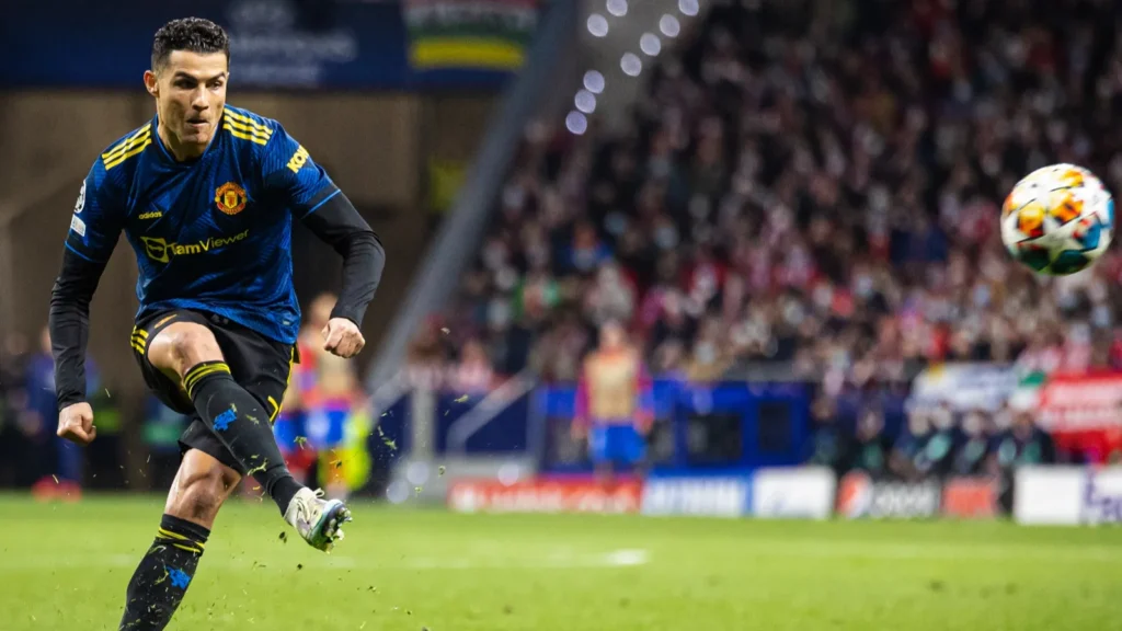 Cristiano Ronaldo in action during a football match.